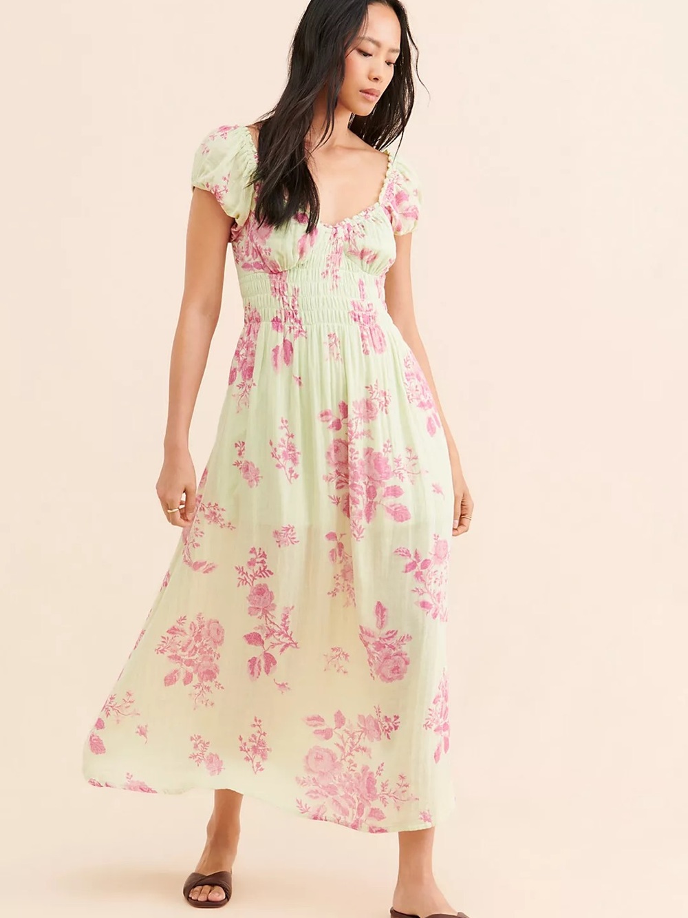 Free People Forget Me Not Pink Floral Puff-Sleeve Maxi Dress